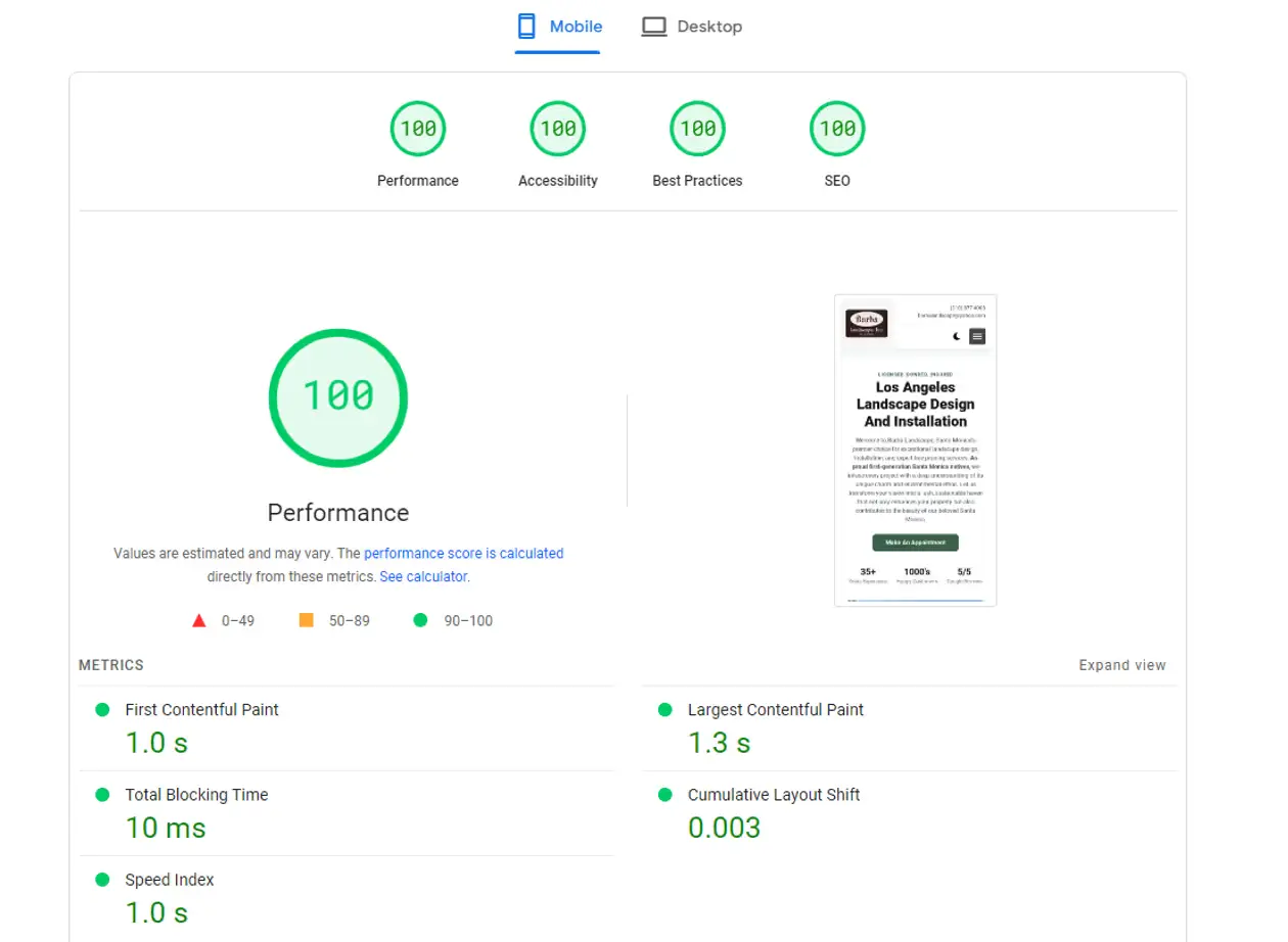 Google PageSpeed performance score dashboard